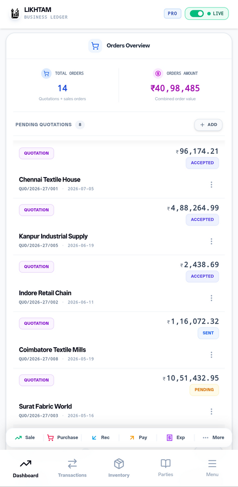 Likhtam Quotations, sales orders & challans screen