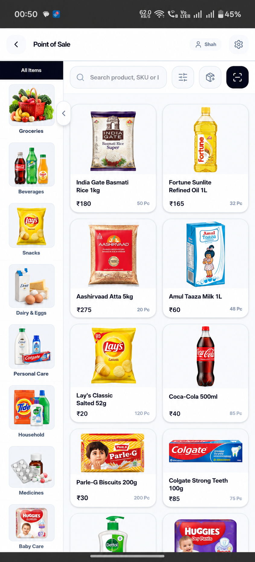 Likhtam retail POS till screen with photo category tiles and cart checkout