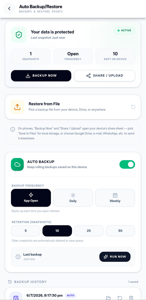 Likhtam Automated backup, right on your device screen
