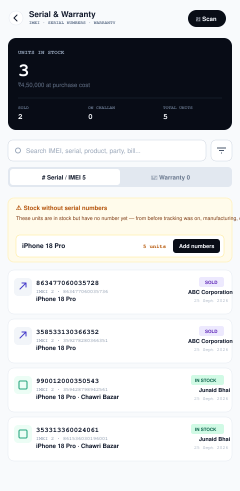 Serial number and IMEI tag assignment during purchase and sales entries in Likhtam
